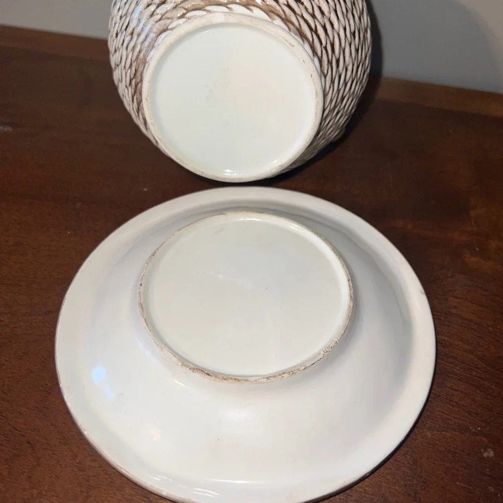 Strawberry Pitcher and Saucer Set White Brown Rustic Basket Weave Decor Ceramic